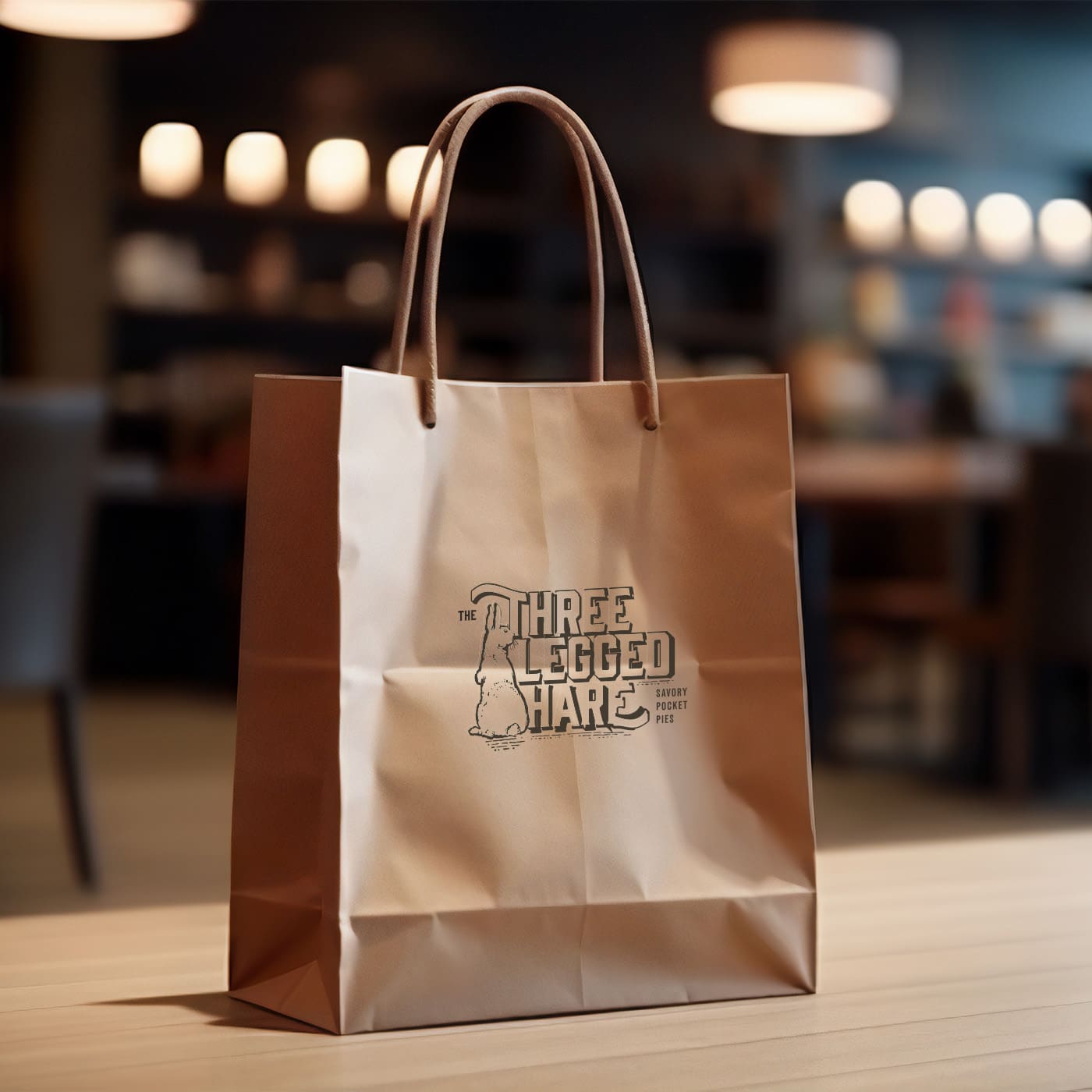 Brown Bag with Three Legged Hare logo for pie delivery